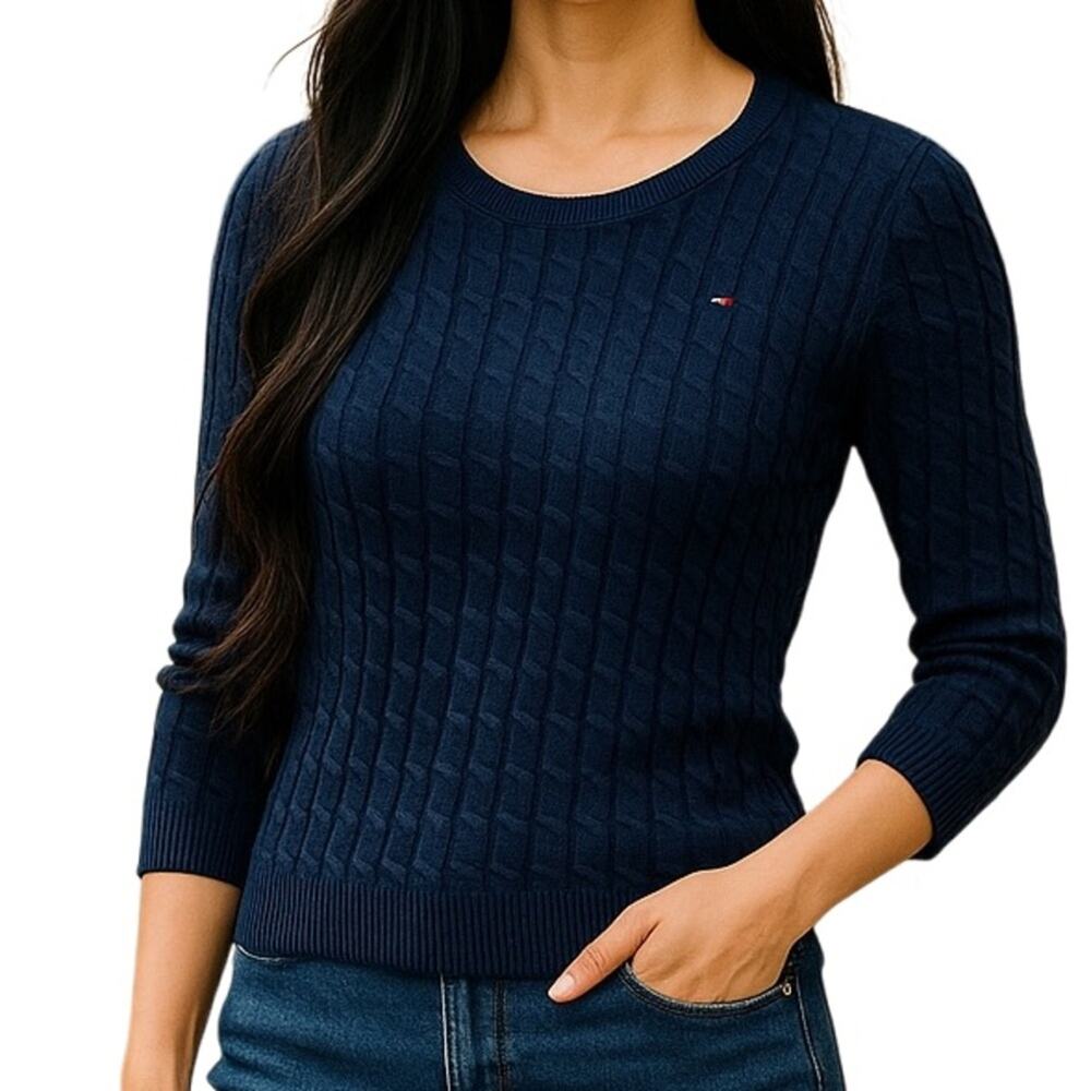 Tommy Hilfiger Vintage Cable Knit Sweater Blue Purple Preppy Fitted Small